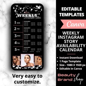 Può includere: Uno schermo di telefono cellulare in bianco e nero che mostra un modello di calendario di disponibilità settimanale per un marchio di bellezza. Il modello presenta uno sfondo nero con diamanti bianchi e una sovrapposizione di testo rosa. Il testo recita "Weekly Available Slots" e elenca i giorni della settimana con gli slot di tempo corrispondenti. Il modello è progettato per l'uso nelle storie di Instagram.
