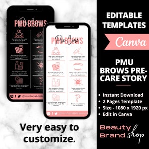 Storia pre-cura delle sopracciglia PMU sui social media, carta per la cura del tatuaggio delle sopracciglia, modello PMU, carta per la cura del microblading modificabile, modello aziendale di bellezza spa