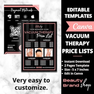 May include: A black and pink printable template for a vacuum therapy price list. The template includes a section for your business name, a category list, and a price list. The template is designed to be edited in Canva and is available for instant download. The template is 5 x 7 inches.