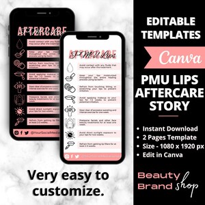 Historia de cuidado posterior de labios de PMU, instrucciones de tarjeta de PMU de cuidado posterior de bricolaje, publicaciones sobre el proceso de curación de tatuajes de labios, plantillas de tarjetas de cuidado de pequeñas empresas de belleza