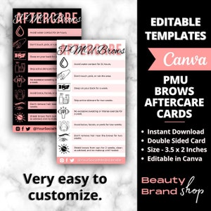 Plantilla de cuidado posterior de cejas de PMU, tarjeta de cuidado de maquillaje permanente, plantilla de tarjeta de cuidado de pequeñas empresas, tarjeta de cuidado previo y posterior de cejas de PMU editable, belleza