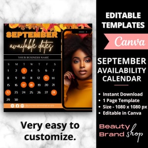 Editable September Fall Calendar, Booking Now Available, Appointment Flyer, Canva Template, Beauty, Nails, Social Media Post, Book Now Flyer