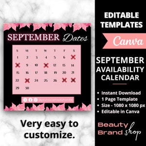 Editable September Fall Calendar, Booking Now Available, Appointment Flyer, Canva Template, Beauty, Nails, Social Media Post, Book Now Flyer
