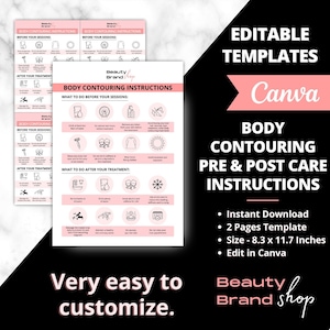 Body Contouring Pre- Care and Post Care Instructions, Body Contouring, Fat Cavitation, Aftercare Cards, Body Sculpting, Vacuum Therapy Forms