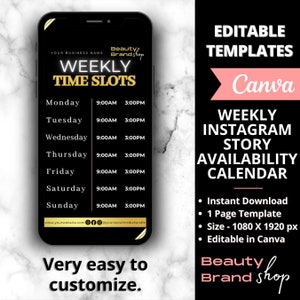 Weekly Availability Calendar Instagram Story, Gold Available Appointments Calendar, Instagram Story Schedule Templates, Beauty Spa Templates