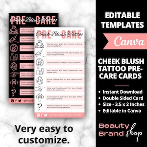 Plantilla de cuidado previo del tatuaje de rubor de mejillas, guía minimalista de instrucciones de cuidado de rubor y tinte de mejillas, tarjeta de cuidado de PMU personalizada, pequeñas empresas de belleza