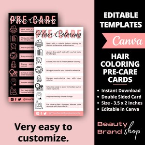 Bearbeitbare Farbige Haarpflege Kartenvorlage, Anweisungen für die Nachsorge für gefärbte Haare, minimalistisches Design Friseur Farbbehandeltes Haar-Handbuch