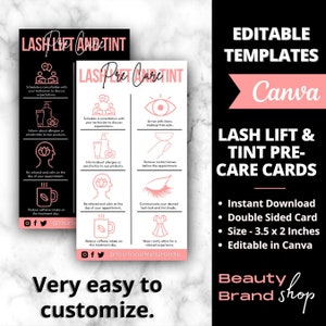 Lash Lift Pre-Care-kaartsjabloon, bewerkbare wimperverzorgingsgids, wimpertint- en krulverzorgingsinstructies, Lash Lift Pre-Care-kaart, visitekaartje