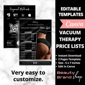 May include: Editable Canva template for a vacuum therapy price list. The template features a black and white design with a QR code, payment methods, and a section for listing treatment prices. The text "Your Brand" and "Vacuum Therapy Price List" are included in the design.