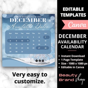 December Availability Calendar, Christmas Flyer, DIY Book Now Flyer, December Booking Flyer, Holiday Sales, December Booking Instagram Posts