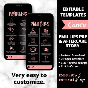 Historia de cuidado previo y posterior de labios de PMU, instrucción de tarjeta de PMU de cuidado posterior de bricolaje, proceso de curación de tatuajes de labios, plantilla de tarjeta de cuidado de pequeñas empresas de belleza