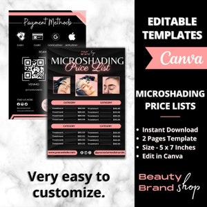 May include: A black and pink printable price list template for a microblading business. The template includes a section for payment methods, a QR code for Venmo, and a price list for different microblading treatments. The template is designed to be edited in Canva and is available for instant download. The text on the template reads "Your Brand Logo", "Microblading Price List", "Treatment", "£00.00", "www.yourwebsite.com", and "@yoursocialmediahandle".
