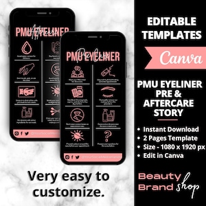 Historia de cuidado previo y posterior del delineador de ojos de PMU, Tarjetas de cuidado posterior del tatuaje del delineador de ojos de PMU en las redes sociales, Etapas de curación del delineador de ojos, Plantillas comerciales de belleza de spa
