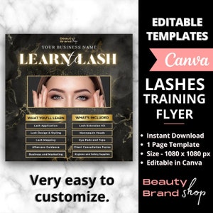 Puede incluir: Un folleto negro y dorado con fondo de mármol que anuncia un curso de formación en pestañas. El folleto incluye el texto "LEARN LASH" y enumera los temas que se tratan en el curso, como la aplicación de pestañas, el diseño de pestañas y la orientación posterior al cuidado. El folleto también incluye el texto "Beauty Brand Shop" y "Editable Templates Canva".
