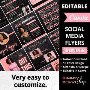 May include: A set of 10 social media flyers for a beauty brand shop. The flyers are pink and black with a modern design. The text on the flyers includes "Restocked", "Brand Ambassador", "I've Got This", "Masterclass", and "Beauty Brand Shop".