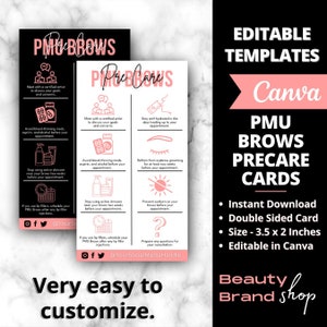 Plantilla de cuidado previo de cejas de PMU, Tarjeta de cuidado de maquillaje permanente, Plantilla de tarjeta de cuidado de pequeñas empresas, Tarjeta de cuidado previo y posterior de cejas editable de PMU, Belleza