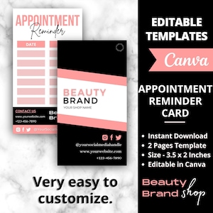 Modèle de carte de rendez-vous, Cartes de rendez-vous modifiables, Carte rendez-vous suivant, Carte salon de beauté, Cartes de visite pour faux-cils, Rappel de réservation de salon