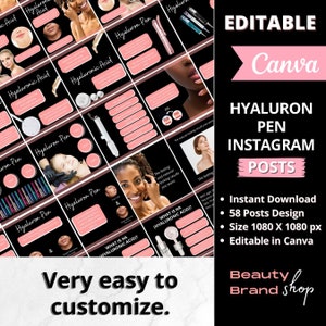 May include: Editable Canva Instagram post templates for a beauty brand promoting Hyaluron Pen treatments. The posts feature images of women with glowing skin and text about the benefits of Hyaluronic Acid. The text "Editable Canva" and "Instant Download" are also visible.