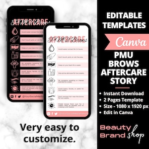 Historia de cuidado posterior de cejas de PMU en redes sociales, tarjeta de cuidado de tatuaje de cejas, plantilla de PMU, tarjeta de cuidado de microblading editable, plantilla de negocio de belleza de spa