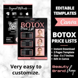 Puede incluir: Una plantilla de lista de precios imprimible en negro y rosa para tratamientos de Botox. La plantilla incluye una sección para métodos de pago, un código QR para escanear y una sección para enumerar los precios de diferentes categorías de tratamientos de Botox. La plantilla también incluye una sección para identificadores de redes sociales y una dirección de sitio web. La plantilla está diseñada para ser fácil de personalizar e imprimir.
