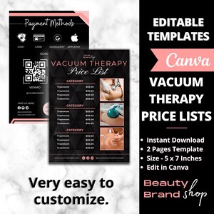 May include: Editable template for a vacuum therapy price list. The template features a black background with a geometric pattern and pink accents. It includes a section for listing treatment categories and prices, as well as contact information and social media handles. The template is designed for use with Canva.