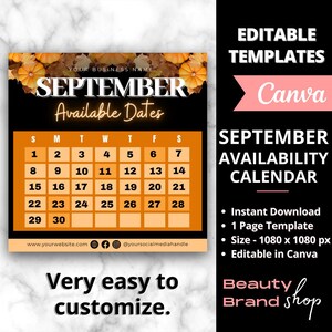 Editable September Fall Calendar, Booking Now Available, Appointment Flyer, Canva Template, Beauty, Nails, Social Media Post, Book Now Flyer
