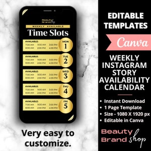 Weekly Availability Calendar Instagram Story, Gold Available Appointments Calendar, Instagram Story Schedule Templates, Beauty Spa Templates