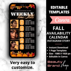 Peut inclure: Un modèle d'histoire Instagram noir et orange pour une marque de beauté. Le modèle présente un calendrier hebdomadaire des créneaux horaires avec des graphismes sur le thème de l'automne. Le texte "Weekly Time Slots" est en blanc avec un contour noir. Le texte "Fall Availability Calendar" est en blanc avec un contour noir. Le texte "Instagram Story" est en blanc avec un contour noir. Le texte "Editable Templates Canva" est en blanc avec un contour noir. Le texte "Beauty Brand Shop" est en blanc avec un contour noir.