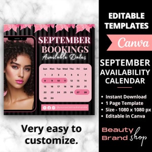 Editable September Fall Calendar, Booking Now Available, Appointment Flyer, Canva Template, Beauty, Nails, Social Media Post, Book Now Flyer