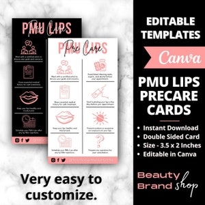 Tarjetas de cuidado previo al rubor de labios, tarjetas de cuidado posterior del rubor de labios, tatuaje de labios PMU, tarjeta de cuidado de tinte de labios, etapas de rubor de labios, tarjeta de esteticistas