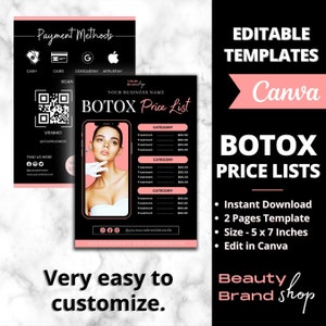 Botox Price List, Digital Botulinum Toxin and Dermal Fillers Pricelist, Pricelist Template, Business Menu for Aesthetician, Botox Lip Filler