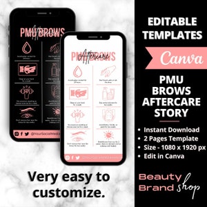 Historia de cuidado posterior de cejas de PMU en redes sociales, tarjeta de cuidado de tatuaje de cejas, plantilla de PMU, tarjeta de cuidado de microblading editable, plantilla de negocio de belleza de spa