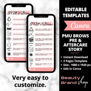 Historia de cuidado previo y posterior de PMU Brows en redes sociales, tatuaje de cejas, plantillas de PMU, tarjeta de cuidado de Microblading editable, plantillas de negocios de belleza de spa