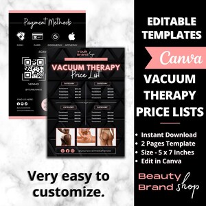 May include: A black and pink printable template for a vacuum therapy price list. The template includes a price list with categories and treatments, a QR code, and social media icons. The text "Vacuum Therapy Price List" is in pink neon letters on a black background.