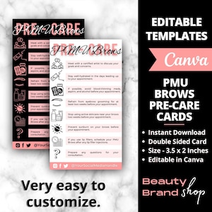 Plantilla de cuidado previo de cejas de PMU, tarjeta de cuidado de maquillaje permanente, plantilla de tarjeta de cuidado de pequeñas empresas, tarjeta de cuidado previo y posterior de cejas de PMU editable, belleza