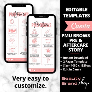 Historia de cuidado previo y posterior de PMU Brows en redes sociales, tatuaje de cejas, plantillas de PMU, tarjeta de cuidado de Microblading editable, plantillas de negocios de belleza de spa