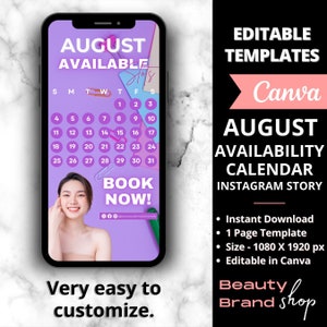 Verfügbarkeitskalender für August IG Story, DIY Sommertermin, Schönheit Haare Wimpern Perücken Makeup Nägel Vorlage, August Instagram Kalender Post