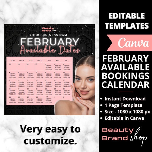 Social Media Calendar, Black and Pink Availability Calendar Instagram Template, Nail Tech  Calendar, Lash Appointment, Book Monthly Schedule