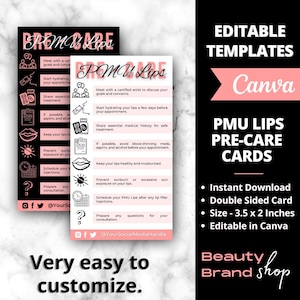 Cartões de pré-cuidados para blush labial, cartões de cuidados posteriores para blush labial, tatuagem labial PMU, cartão de cuidados de tonalidade labial, estágios de blush labial, cartão de esteticistas