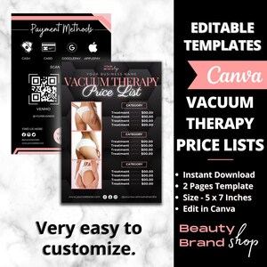 May include: A black and pink printable template for a vacuum therapy price list. The template features a stylized image of a woman's body and includes a section for listing treatment prices. The text on the template reads "Vacuum Therapy Price List" and "Your Brand Logo".