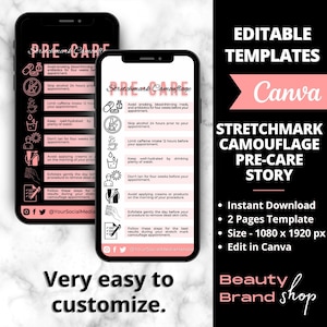 Stretchmark Camouflage Tattoo Pre-care Story, Canva Template, Inkless Stretchmark Camouflage Posts, Scar and Stretchmark Camouflage CareCard