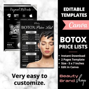 Botox Price List, Digital Botulinum Toxin and Dermal Fillers Pricelist, Pricelist Template, Business Menu for Aesthetician, Botox Lip Filler