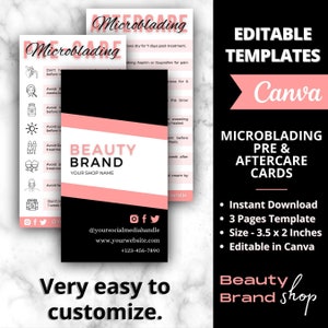 May include: Editable Canva templates for microblading pre and aftercare cards. The template features a pink and black color scheme with the text "Beauty Brand" and a social media handle. The cards are 3.5 inches by 2 inches.