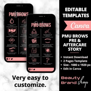 Historia de cuidado previo y posterior de PMU Brows en redes sociales, tatuaje de cejas, plantillas de PMU, tarjeta de cuidado de Microblading editable, plantillas de negocios de belleza de spa