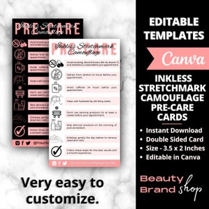May include: Two pink and white pre-care cards for inkless stretchmark camouflage. The cards are double-sided and feature a checklist of instructions for preparing for the procedure. The cards are editable in Canva and measure 3.5 x 2 inches.