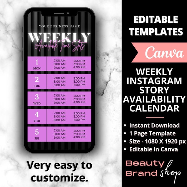 Weekly Availability Calendar Instagram Story, Black Pink Available Appointments Calendar, Instagram Story Schedule Template, Beauty Template