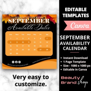 Editable September Fall Calendar, Booking Now Available, Appointment Flyer, Canva Template, Beauty, Nails, Social Media Post, Book Now Flyer