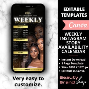 Weekly Availability Calendar Instagram Story, Gold Available Appointments Calendar, Instagram Story Schedule Templates, Beauty Spa Templates