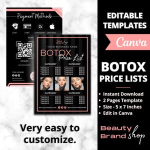 Botox Price List, Digital Botulinum Toxin and Dermal Fillers Pricelist, Pricelist Template, Business Menu for Aesthetician, Botox Lip Filler