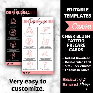 Plantilla de cuidado previo del tatuaje de rubor de mejillas, guía minimalista de instrucciones de cuidado de rubor y tinte de mejillas, tarjeta de cuidado de PMU personalizada, pequeñas empresas de belleza